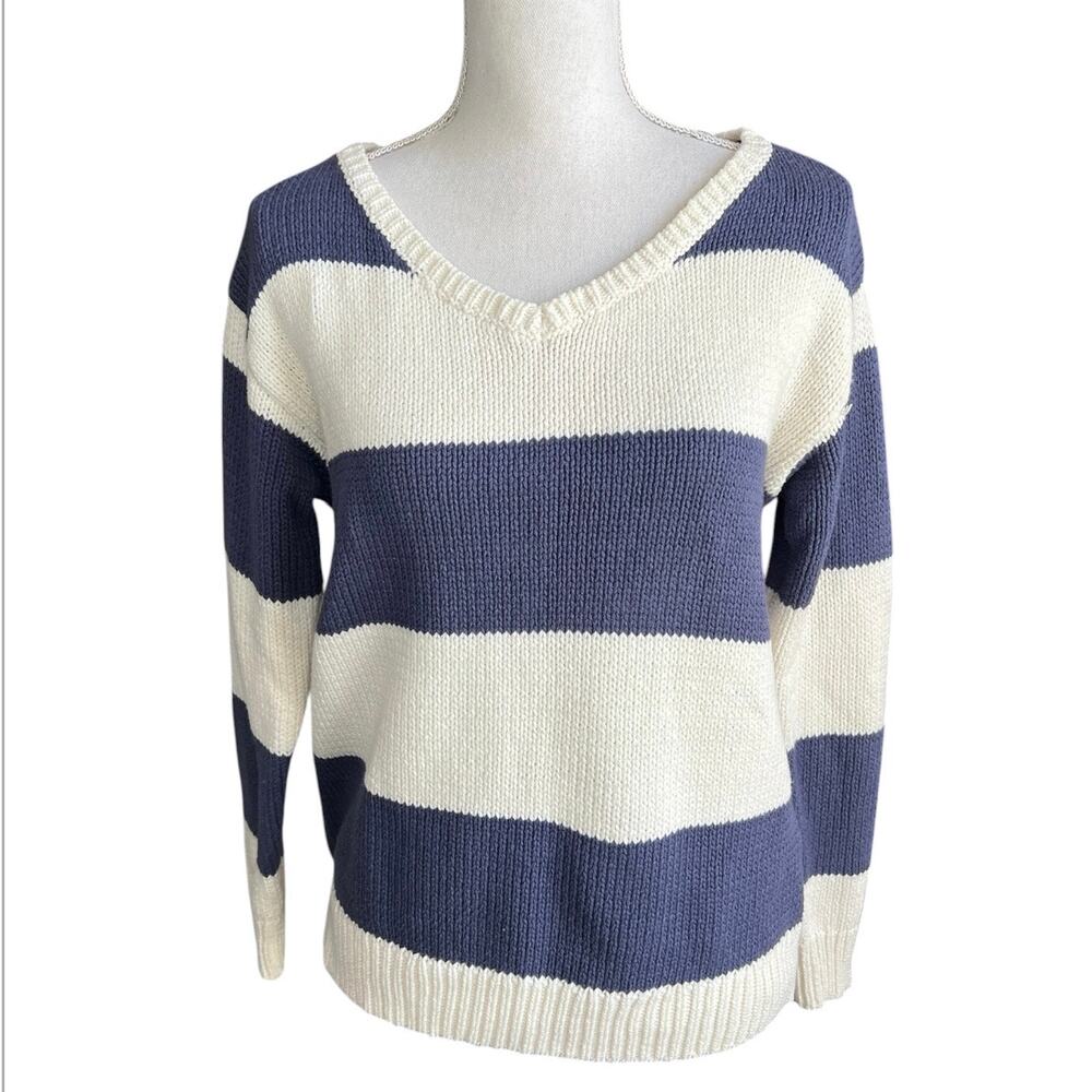 Aeropostale rugby stripe v-neck sweater beachy coastal navy and cream oversized
